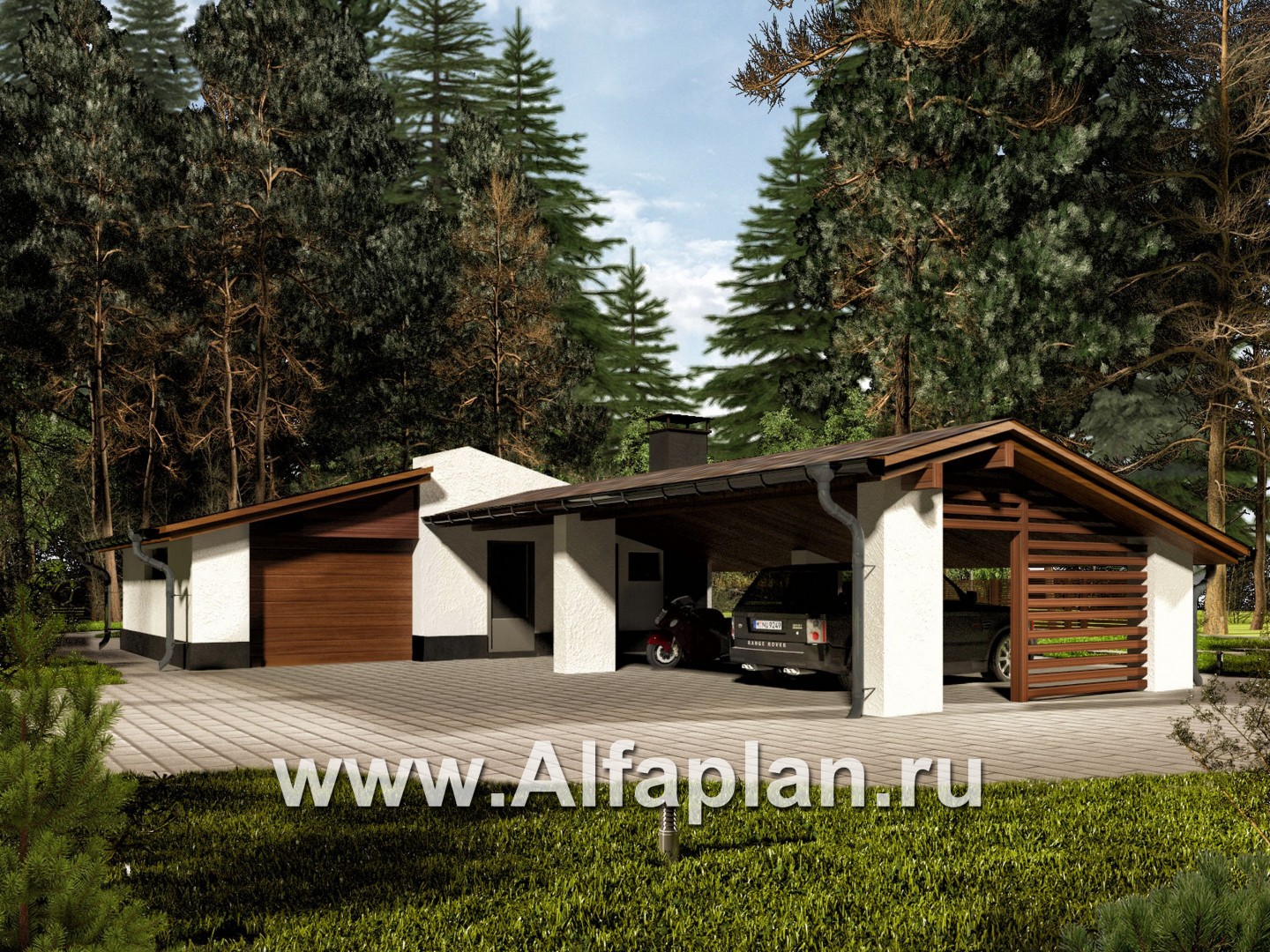 Проекты домов Альфаплан - Хоз. блок с гаражом и навесом на 2 машины - дополнительное изображение №1