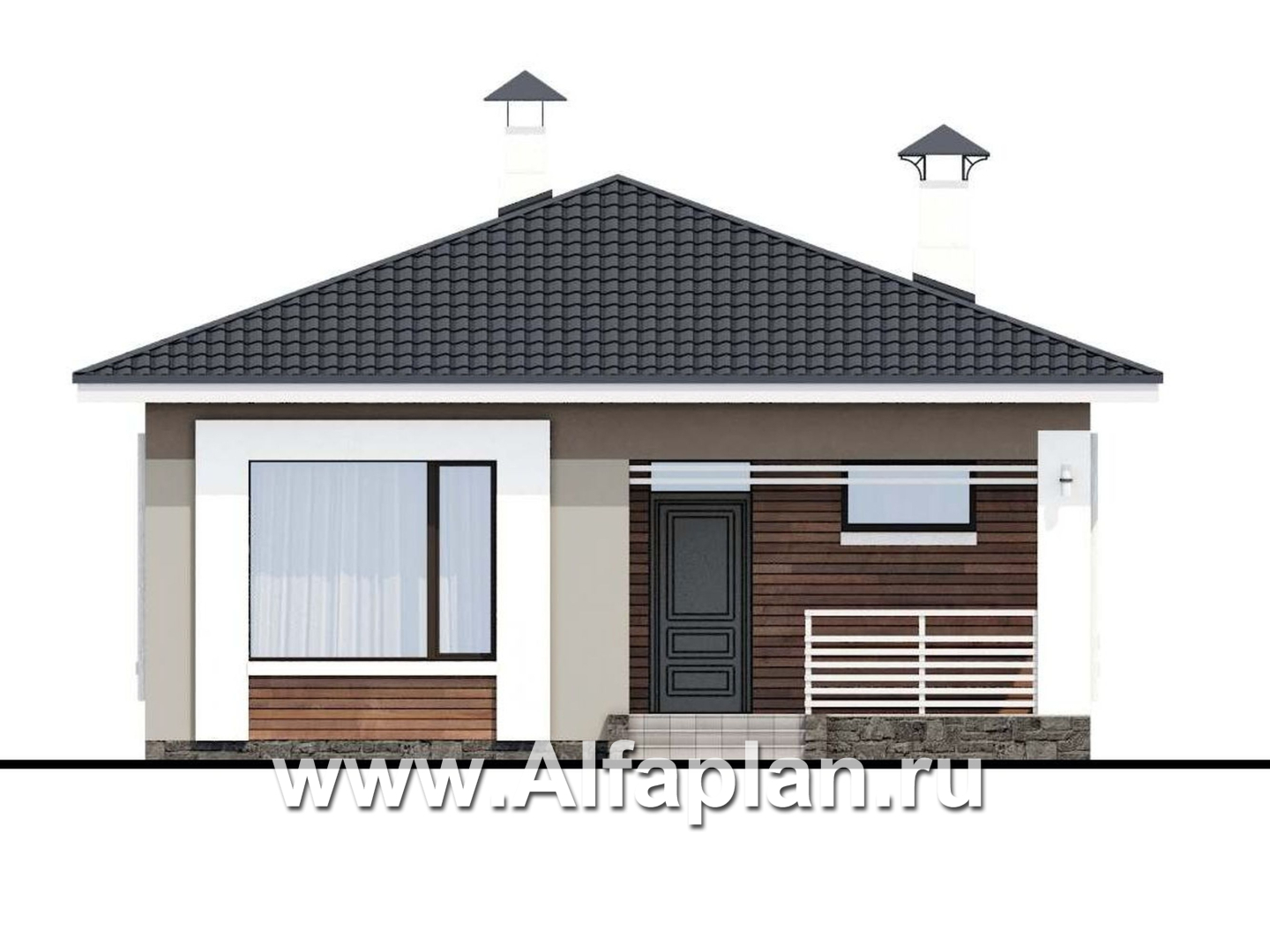 Проекты домов Альфаплан - «Каллиопа» - одноэтажный дом для узкого участка с тремя спальнями - изображение фасада №1