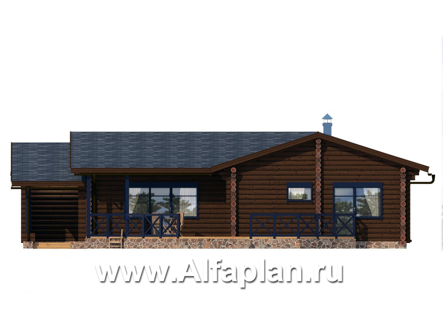 Проекты домов Альфаплан - Бревенчатый дом для отдыха с большой террасой - изображение фасада №1