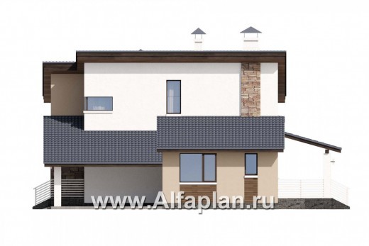 «Западный бриз» - проект двухэтажного дома, с террасой и сауной, с навесом на 1 авто, с односкатной крышей в стиле хай-тек - превью фасада дома