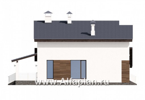 «Западный бриз» - проект двухэтажного дома, с террасой и сауной, с навесом на 1 авто, с односкатной крышей в стиле хай-тек - превью фасада дома