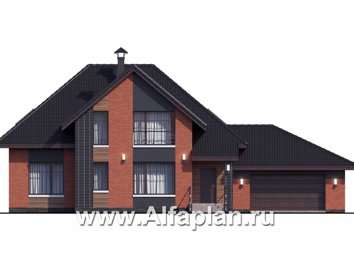 Проекты домов Альфаплан - «Кассиопея» - мансардный коттедж с гаражом на 2 автомобиля - изображение фасада №1