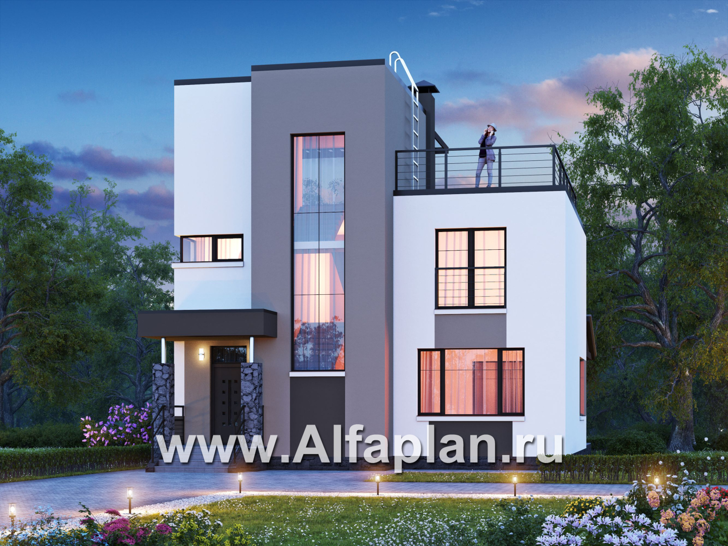 Проекты домов Альфаплан - «Приоритет» - компактный трехэтажный дом с «зеленой» кровлей - основное изображение