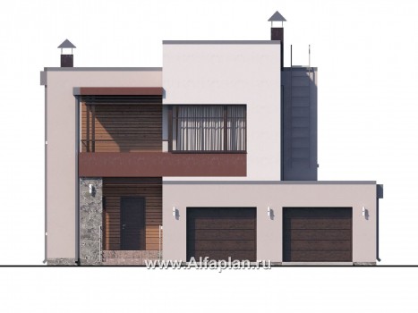 «Эвр» - проект двухэтажного дома с террасой и с гаражом на 2 авто, лестница в гостиной, с плоской кровлей, в стиле хай-тек - превью фасада дома